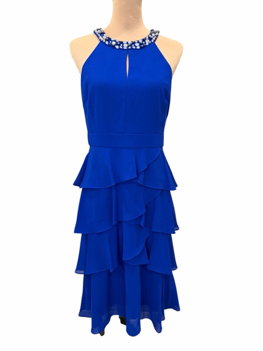 Jessica Howard Halter Chiffon Midi Dress Tiered Ruffle Jewel Neck Blue 8 NWT